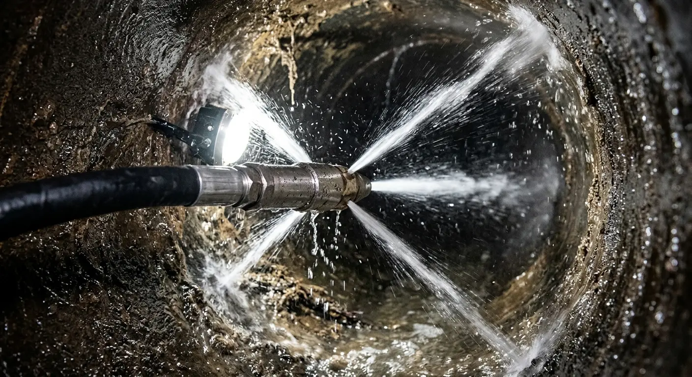 High-pressure hydro jetting nozzle cleaning sewer pipe for Emergency Drain Service in Southwest Ranches