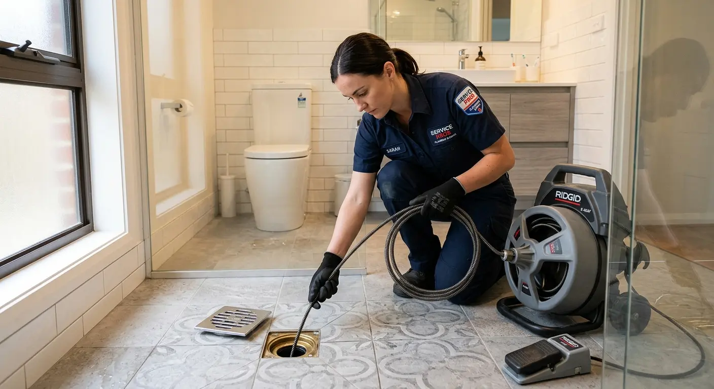 Technician clearing a bathroom floor drain for Drain Repair in Southwest Ranches